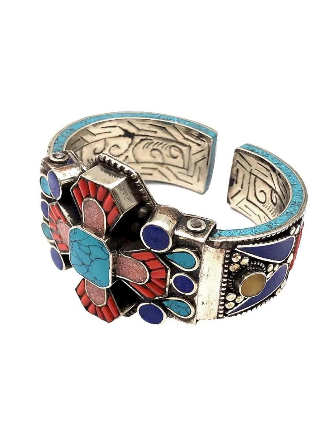 JOYAS NEPAL PULSERAS PLATA CON CRUZ CORAL TURQUESA Y LAPISLAZULI