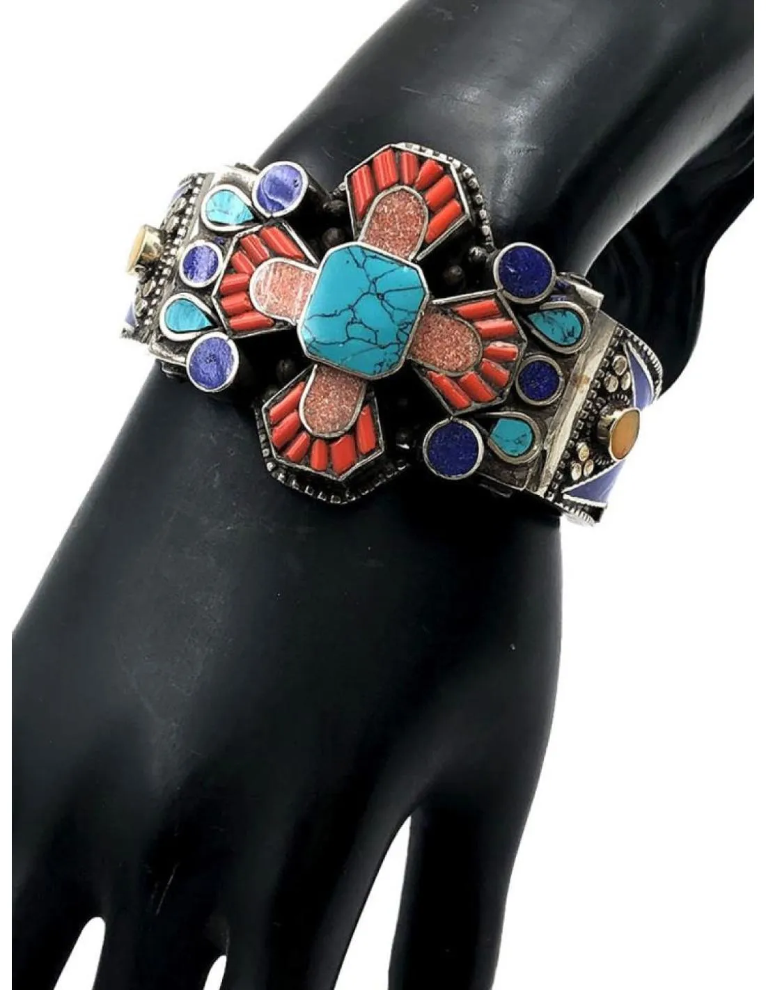 JOYAS NEPAL PULSERAS PLATA CON CRUZ CORAL TURQUESA Y LAPISLAZULI