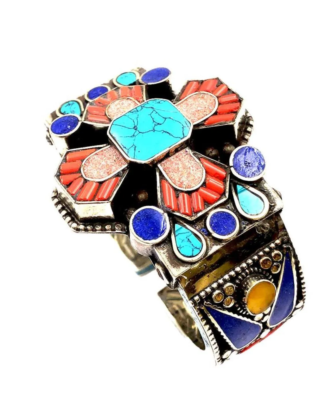 JOYAS NEPAL PULSERAS PLATA CON CRUZ CORAL TURQUESA Y LAPISLAZULI