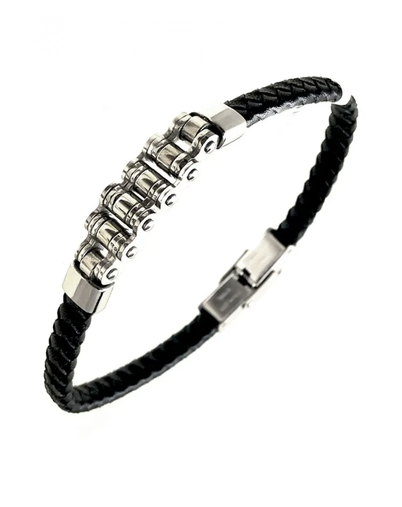 PULSERAS CUERO DE HOMBRE CON CADENA DE BICI EN ACERO