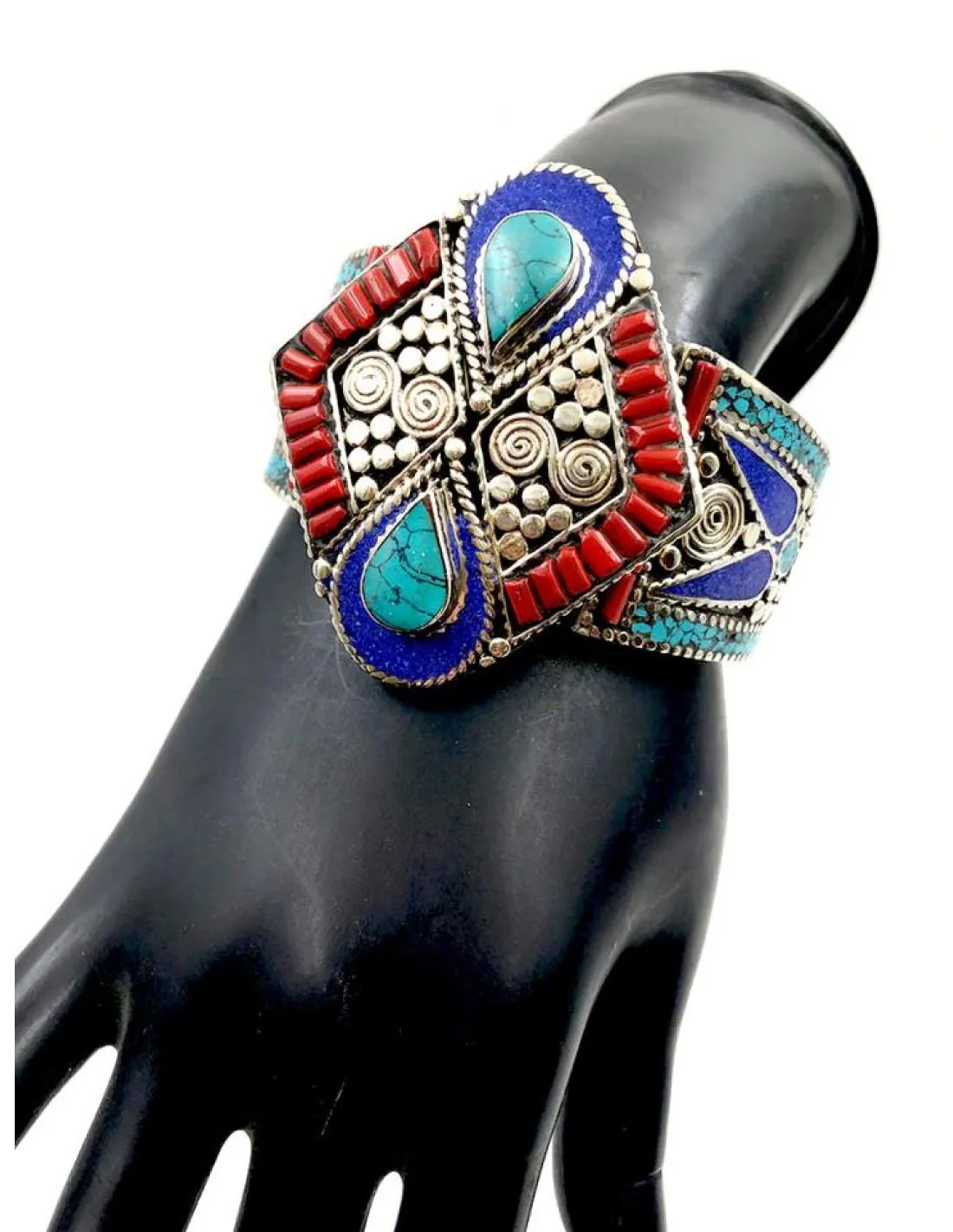 PULSERAS DE PLATA BRAZALETES TIBETANOS CON PIEDRA CORAL Y TURQUESA