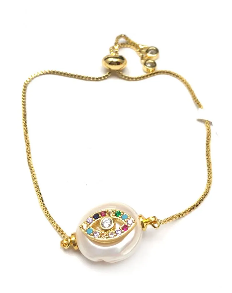 PULSERAS DORADAS AJUSTABLES CON PERLA Y OJO DE LA SUERTE