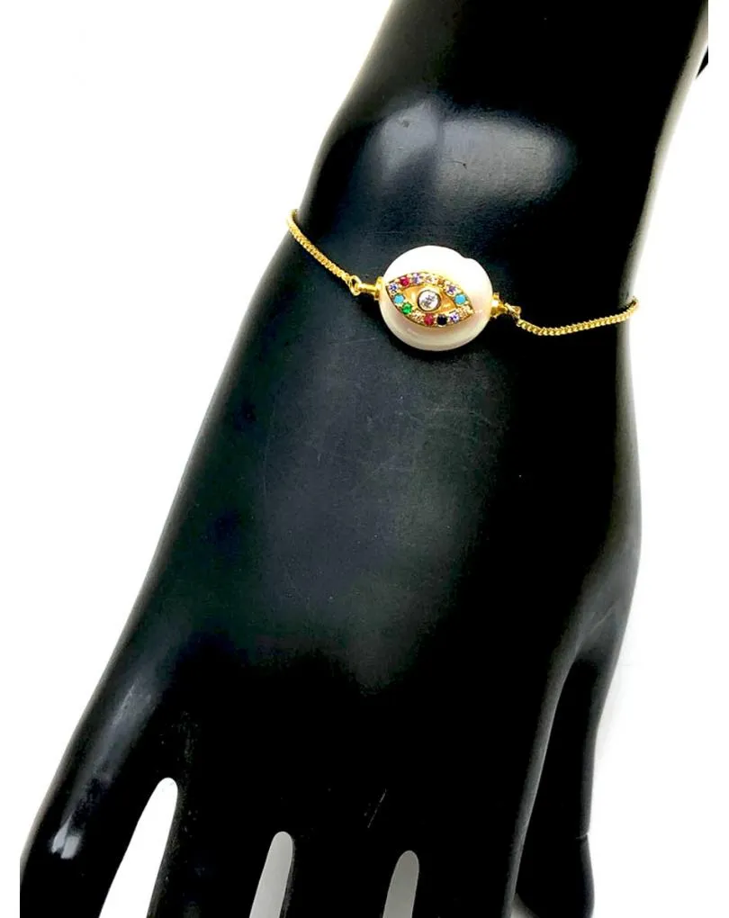 PULSERAS DORADAS AJUSTABLES CON PERLA Y OJO DE LA SUERTE