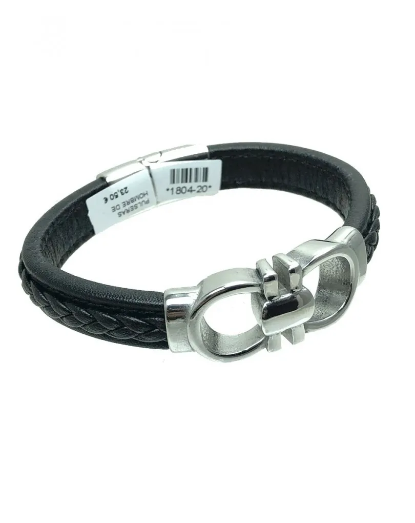 PULSERAS HOMBRE DE ACERO Y CUERO CON ADORNO CENTRAL