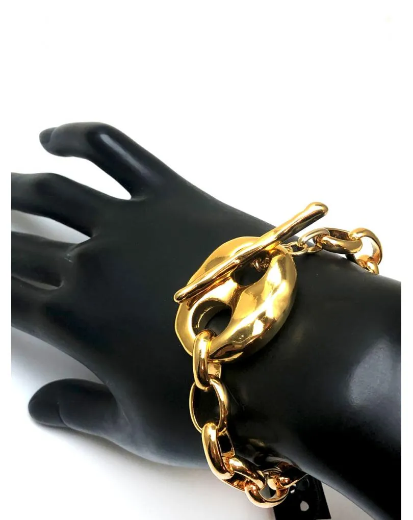 PULSERAS MUJER DE CADENA Y ESLABONES BAÑOS DE ORO Y CIERRE DE CALABROTE