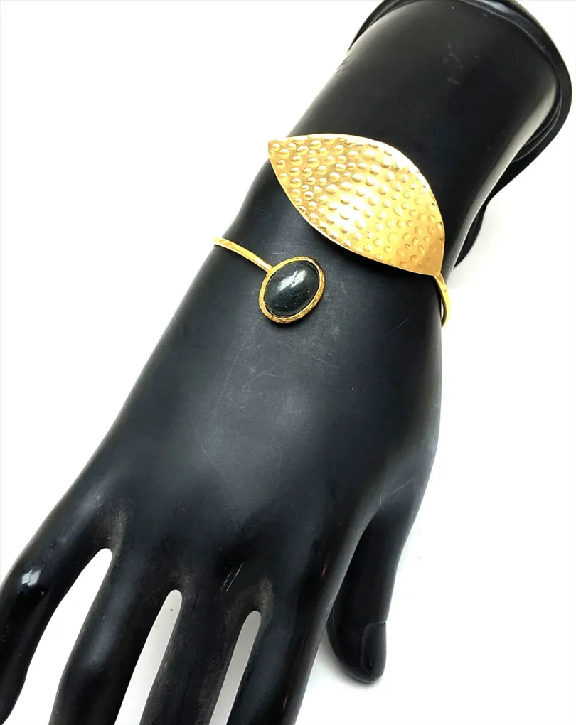 PULSERAS MUJER ORO BAÑO BONITA HOJA DECORADA CON PIEDRA VERDE