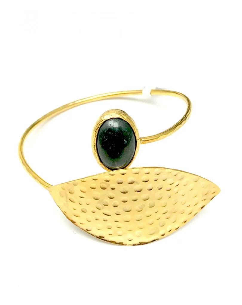 PULSERAS MUJER ORO BAÑO BONITA HOJA DECORADA CON PIEDRA VERDE