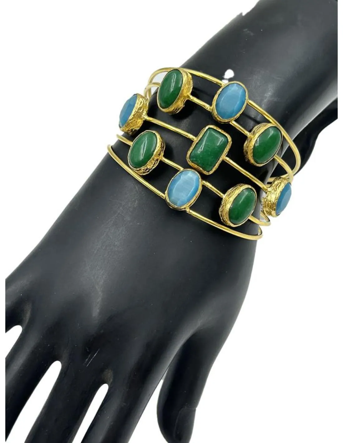 PULSERAS ONLINE DORADAS VERDES Y AZULES CON PIEDRA Y BAÑO DE ORO