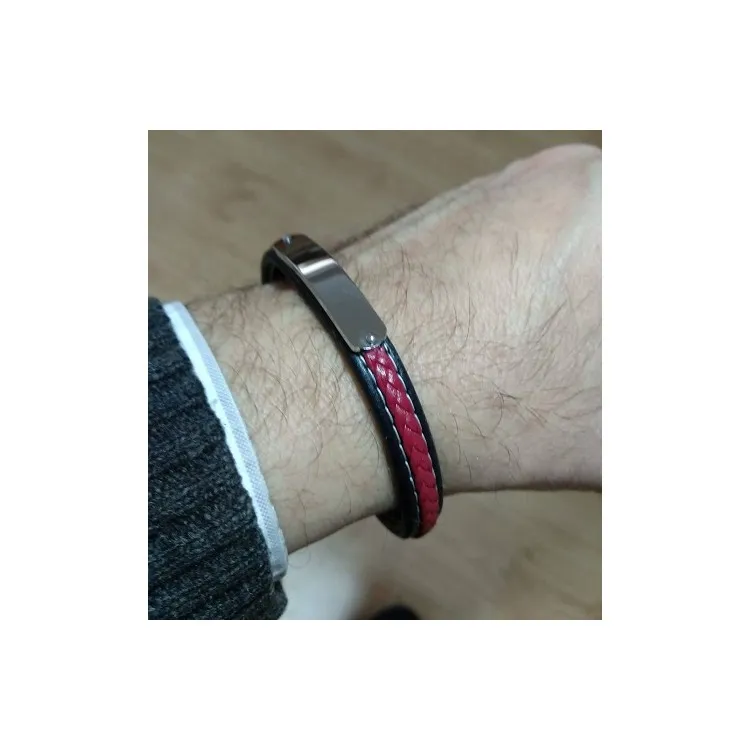 Pulseras para hombres personalizadas acero inoxidable + cuero rojo y negro