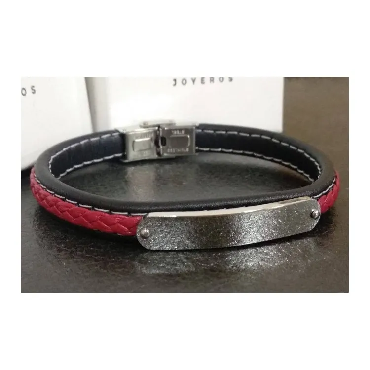 Pulseras para hombres personalizadas acero inoxidable + cuero rojo y negro