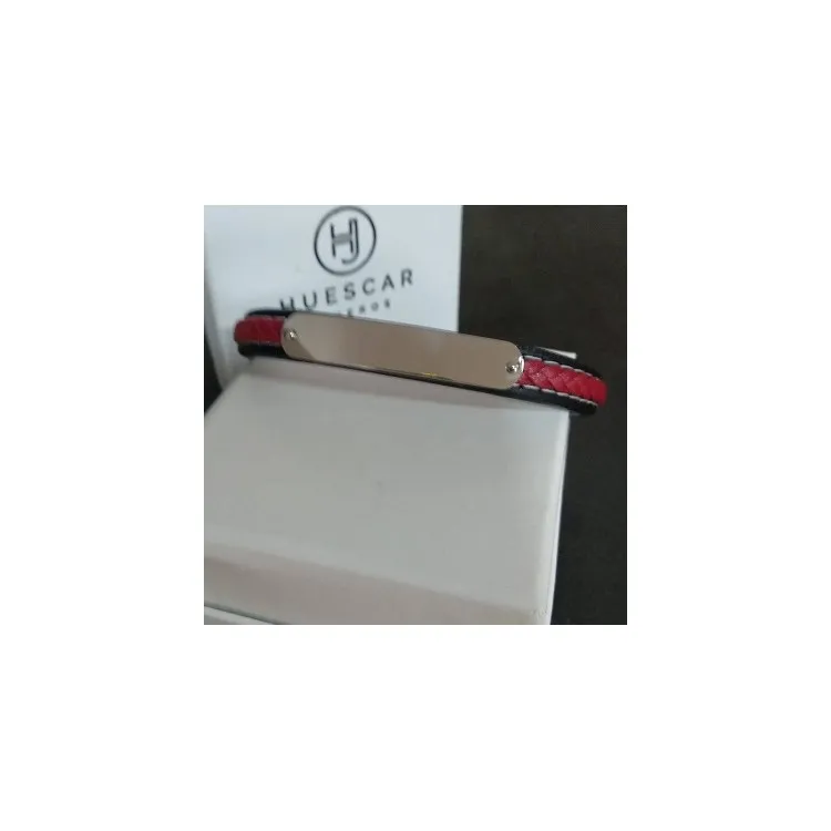 Pulseras para hombres personalizadas acero inoxidable + cuero rojo y negro