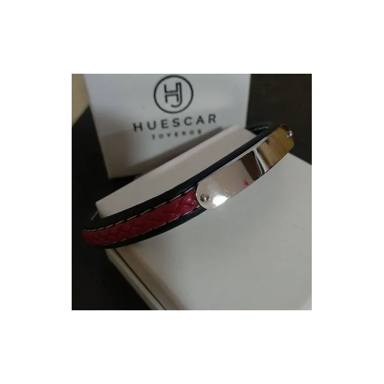 Pulseras para hombres personalizadas acero inoxidable + cuero rojo y negro