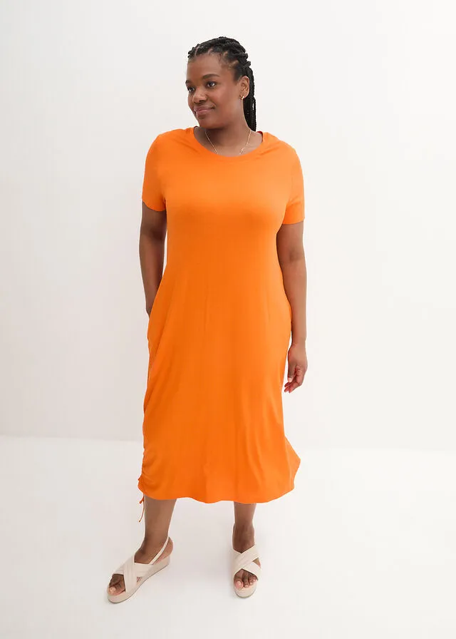 Vestido camisero midi con bolsillos laterales y detalle fruncido Naranja cálido