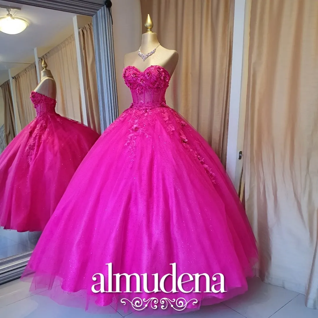 Vestido para Quinceañera Fucsia con Flores